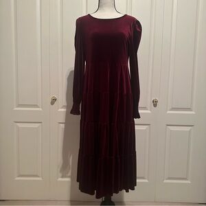Deep Red Tiered Maxi Velvet Dress Elastic Cuffs Fairy Cottage Whimsical size L